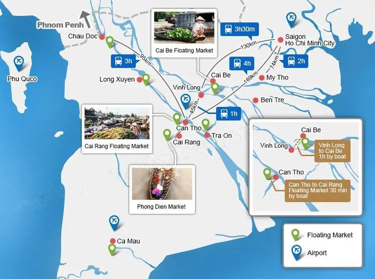 Carte régionale des marchés flottants du delta du Mékong (partie vietnamienne)